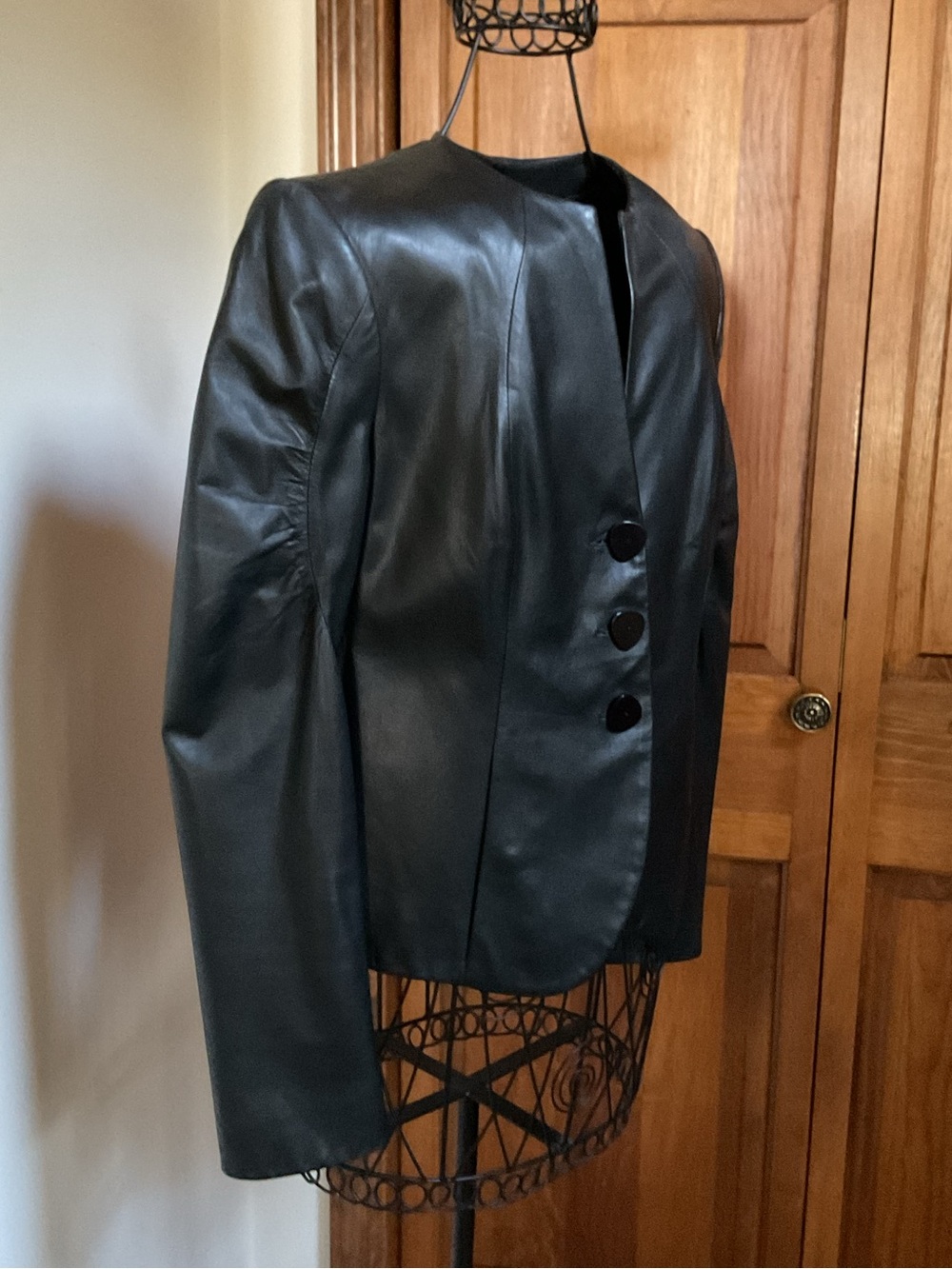 Vintage Black Leather Women's Jacket - Round Neck, Three-Button Front, 6 - Picture 2 of 7